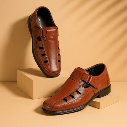 Men’s Roman Velcro Leather Sandals Tan color